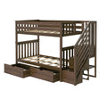 Solid wood twin-over-full bunk bed frame in dark walnut with built-in staircase, slatted guardrails and under-bed storage drawers
