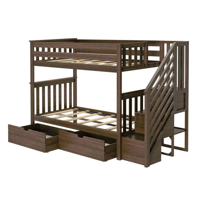 Solid wood twin-over-full bunk bed frame in dark walnut with built-in staircase, slatted guardrails and under-bed storage drawers
