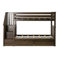 Dark walnut wooden bunk bed with built-in staircase, slatted upper and lower mattress platforms, two under-bed storage drawers and space-saving design for a kids' bedroom