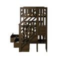 Dark walnut wooden loft bunk bed with diagonal slat staircase, built-in storage drawers and slatted guardrails