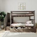 Modern dark wood bunk bed with built-in stairs and under-bed storage drawers, pink bedding, potted plant and framed nursery animal wall art in a Scandinavian kids bedroom