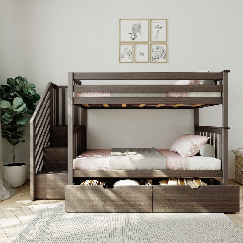 Modern dark wood bunk bed with built-in stairs and under-bed storage drawers, pink bedding, potted plant and framed nursery animal wall art in a Scandinavian kids bedroom