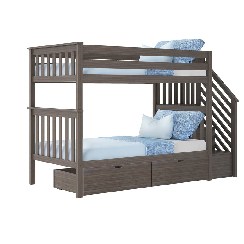 Wooden bunk bed with blue bedding and built-in staircase for kids' room.