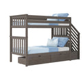 Gray wood twin-over-twin bunk bed with staircase and under-bed storage drawers, modern kids loft bed with blue bedding