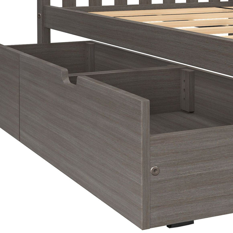Wooden bed frame with under-bed storage drawer in rustic gray finish.