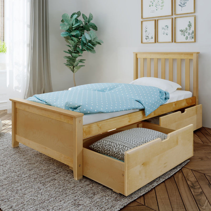 Single wooden bed with under-bed storage drawer in a bright bedroom with plants.