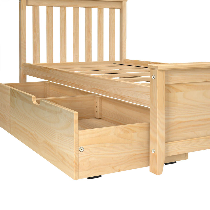 Wooden bed frame with built-in storage drawers, ideal for maximizing bedroom space.