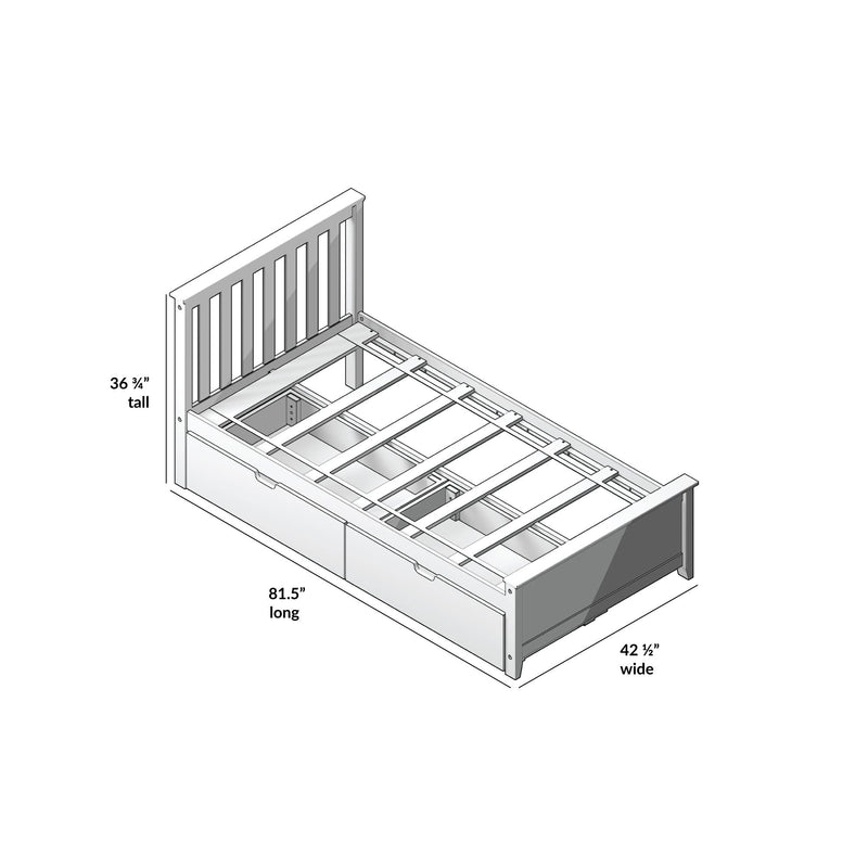 Twin bed frame with storage, measuring 81.5 inches long, 42.5 inches wide, and 36.75 inches tall.