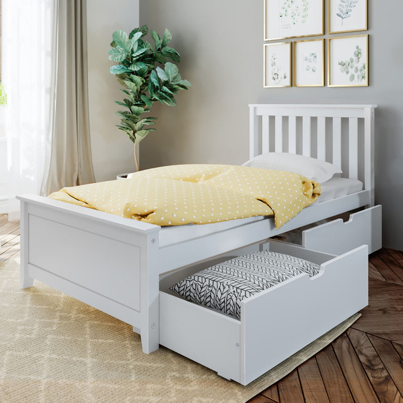 White wooden twin bed with storage drawers and yellow polka-dot duvet in bedroom with plant and botanical wall art
