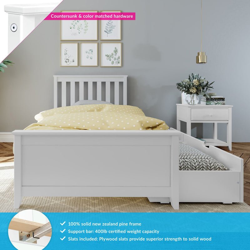 White wooden single bed with pull-out trundle storage, yellow polka-dot duvet and slats, white bedside table with vase and books, botanical wall art and gold pendant light — features countersunk color-matched hardware, 100% New Zealand pine frame and 400 lb support bar