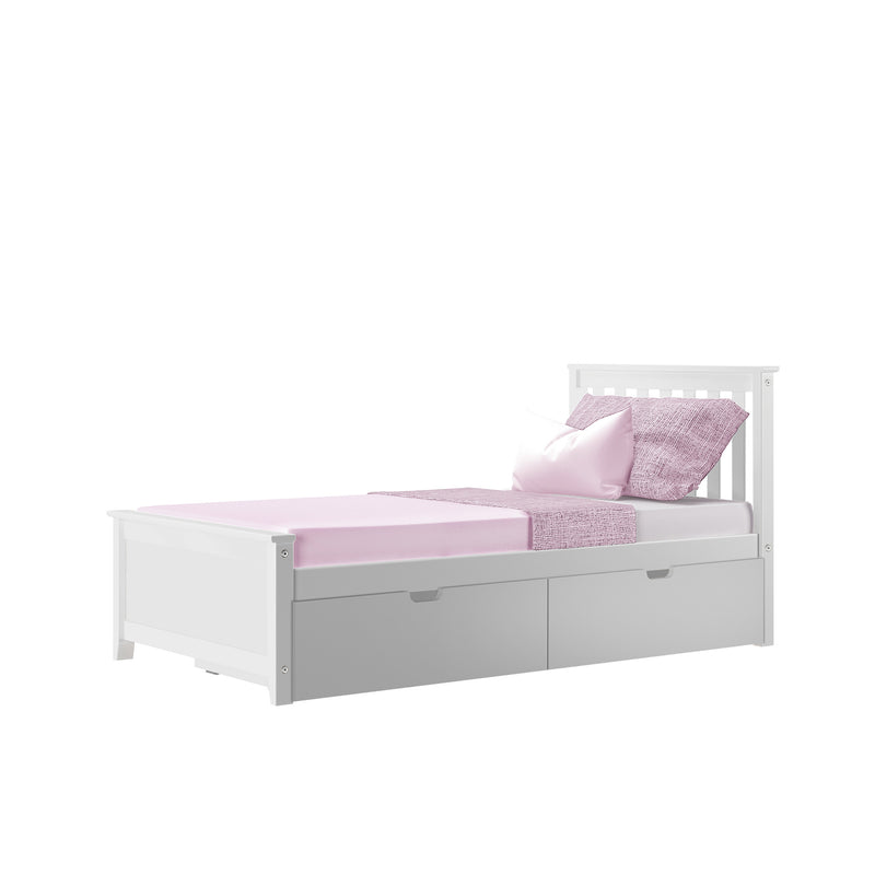 White wooden twin bed with pink bedding and under-bed storage drawers.