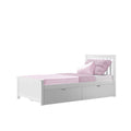 White single wooden children's bed with pink sheets, pillows and textured throw, built-in under-bed storage drawers