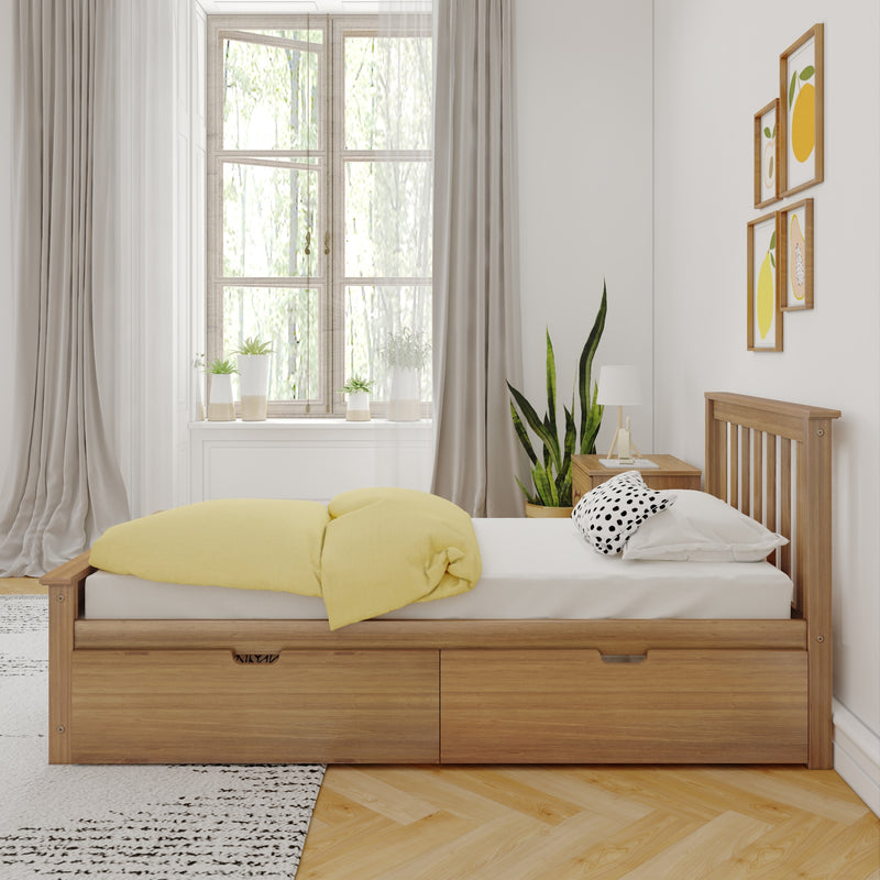 Scandinavian bedroom with wooden bed, yellow duvet, polka-dot pillow, indoor plants, large window and neutral curtains.