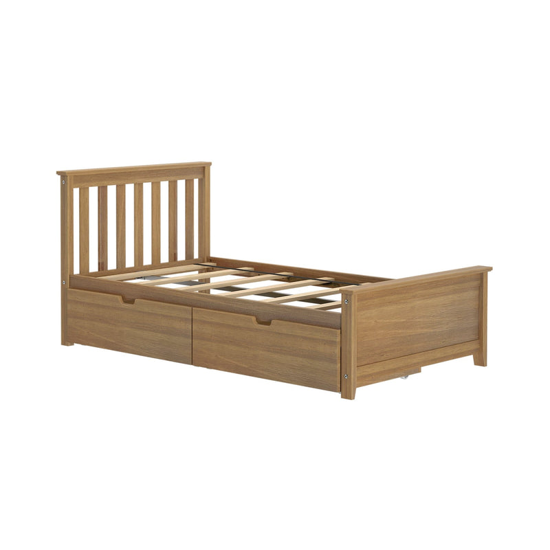 Wooden bed frame with storage drawers and slatted headboard.