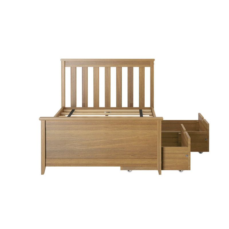 Wooden bed frame with open storage drawers and slatted headboard.