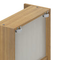 Top corner of light oak sliding wardrobe door showing nylon roller hardware and metal mounting brackets