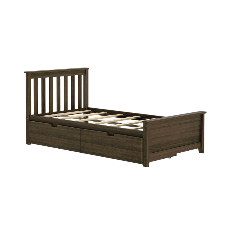 Wooden storage bed frame with pull-out drawers and slatted headboard.