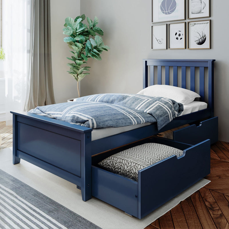 Navy blue wooden twin bed with two underbed storage drawers, blue geometric duvet and pillow in a modern kids' bedroom with wood floor, indoor plant and framed sports wall art