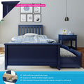 Modern navy blue twin bed with pull-out trundle drawer and matching nightstand, solid New Zealand pine frame, plywood slats and 400 lb certified support, kids bedroom with blue bedding