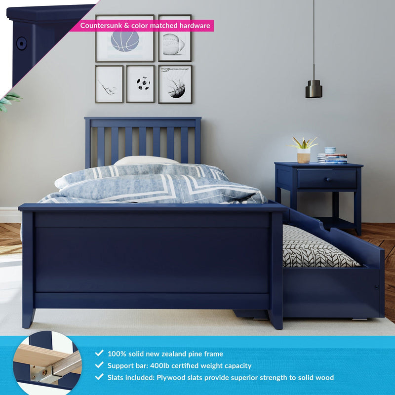 Modern navy blue twin bed with pull-out trundle drawer and matching nightstand, solid New Zealand pine frame, plywood slats and 400 lb certified support, kids bedroom with blue bedding