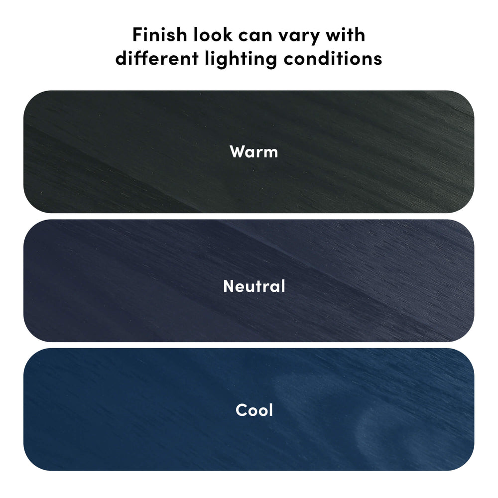 Wood finish color variations in warm, neutral, and cool tones under different lighting conditions.