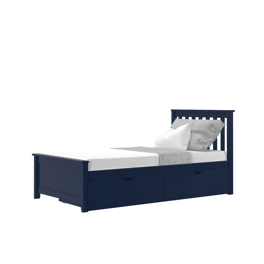 Navy blue twin bed with storage drawers and striped headboard featuring white and gray bedding.