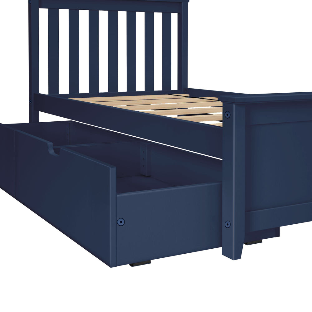 Navy blue wooden bed frame with built-in storage drawers.