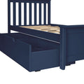 Navy blue wooden bed frame with vertical slatted headboard, exposed wooden slats and built-in under-bed pull-out storage drawers