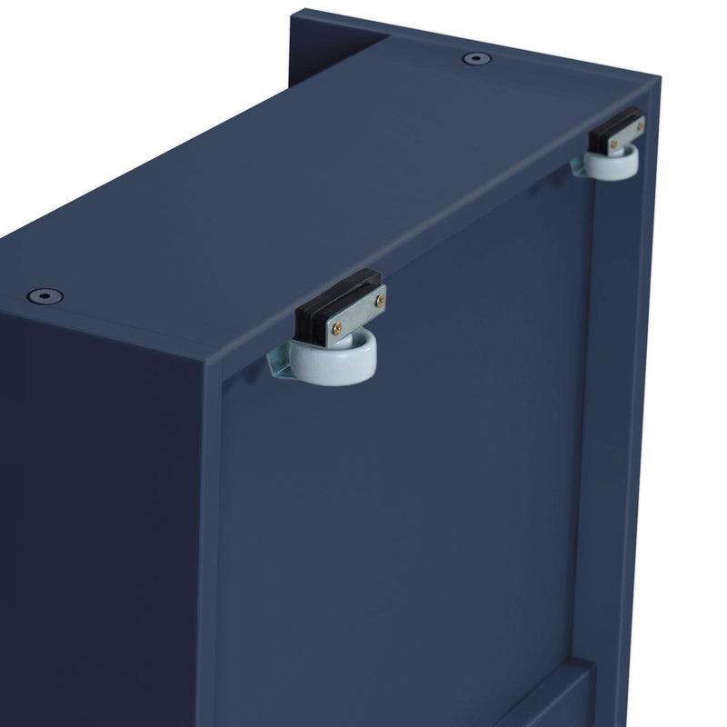 Close-up of navy blue cabinet back showing white roller glides and metal mounting brackets for wall-mounted storage furniture