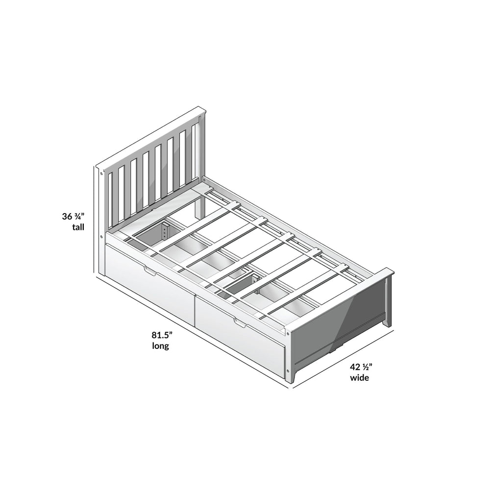 Single bed frame diagram with built-in storage drawers, dimensions 81.5 inches long, 42.5 inches wide, and 36.75 inches tall.