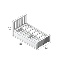 Single bed frame diagram with built-in storage drawers, dimensions 81.5 inches long, 42.5 inches wide, and 36.75 inches tall.