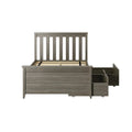 Gray wooden platform bed with slatted headboard and built-in under-bed storage drawers