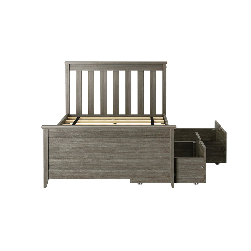 Gray wooden platform bed with slatted headboard and built-in under-bed storage drawers