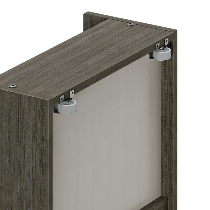 Close-up of gray wood cabinet top with metal mounting brackets and white nylon rollers for sliding door hardware