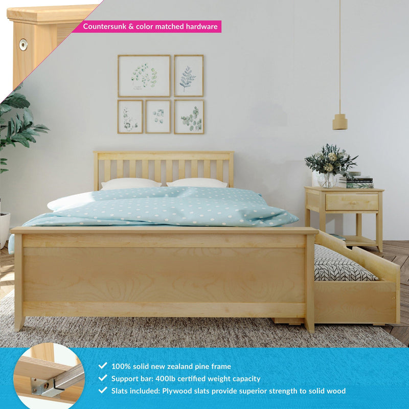 Solid New Zealand pine bed frame with headboard and under-bed trundle drawer in styled bedroom with blue polka-dot duvet, matching nightstand and pendant light — product feature image