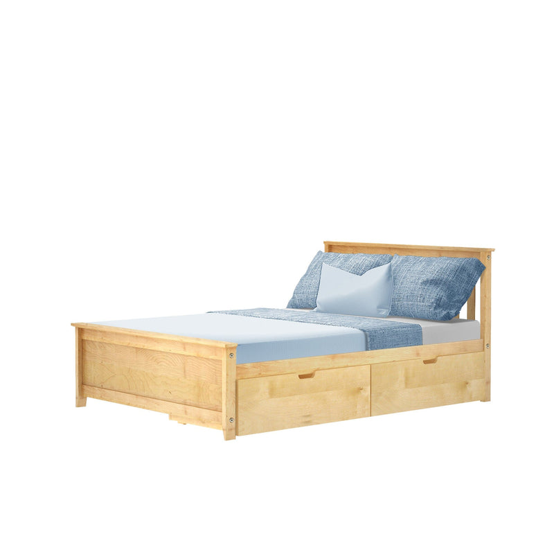 Light wood platform bed with under-bed storage drawers, blue duvet and pillows, modern natural finish twin bedroom furniture