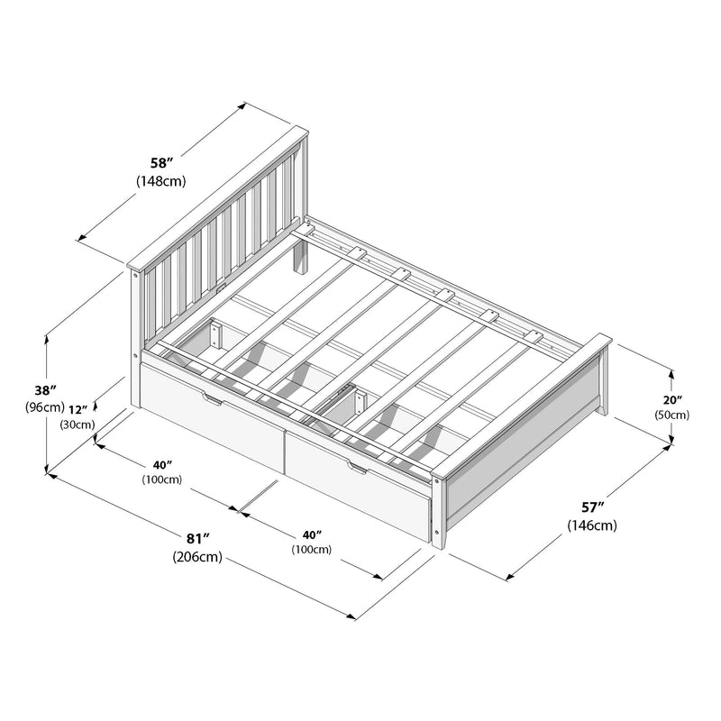 Wooden platform bed frame with storage drawers, dimensions in inches and centimeters.