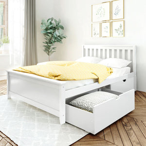 White storage bed with under-bed drawer and yellow polka-dot duvet in bright minimalist bedroom with potted plant and botanical wall art