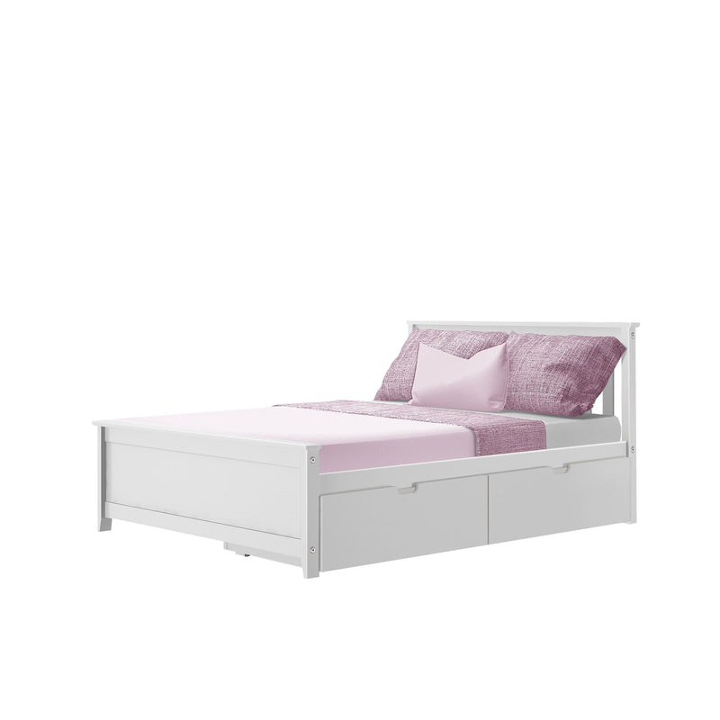 White wooden bed with purple bedding and built-in storage drawers.