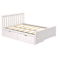 White wooden platform bed frame with slatted headboard, under-bed storage drawers and wooden slat mattress support