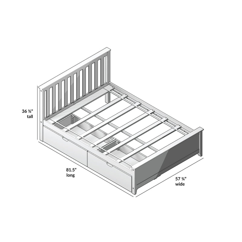 Illustrated queen-size bed frame with storage dimensions 81.5 inches long, 57 ¾ inches wide, and 36 ¾ inches tall.