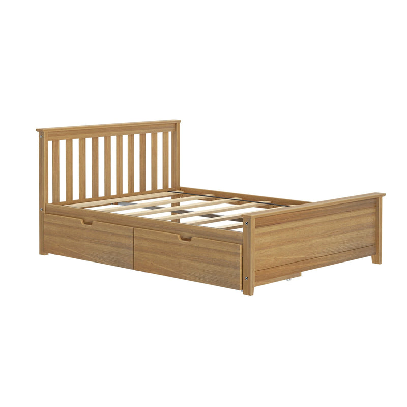 Wooden king-sized bed frame with storage drawers and slatted headboard.