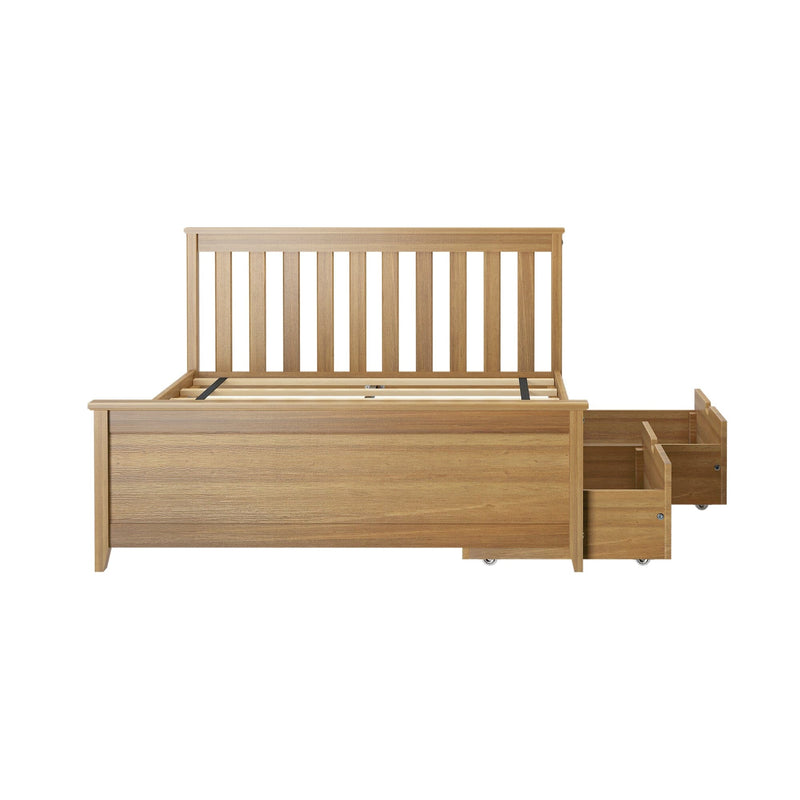 Wooden bed frame with storage drawers and slatted headboard.