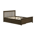 Dark brown wooden platform bed frame with vertical slatted headboard and built-in under-bed storage drawers