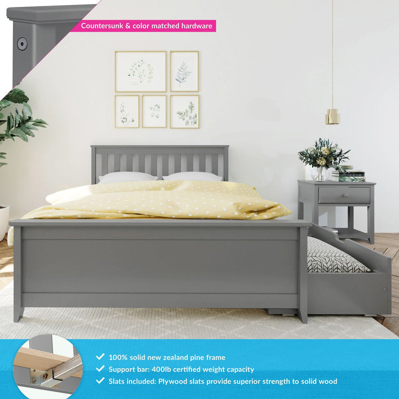 Gray solid wood bed frame with yellow polka dot bedding, side table with vase, showcasing sturdy New Zealand pine structure and plywood slats.