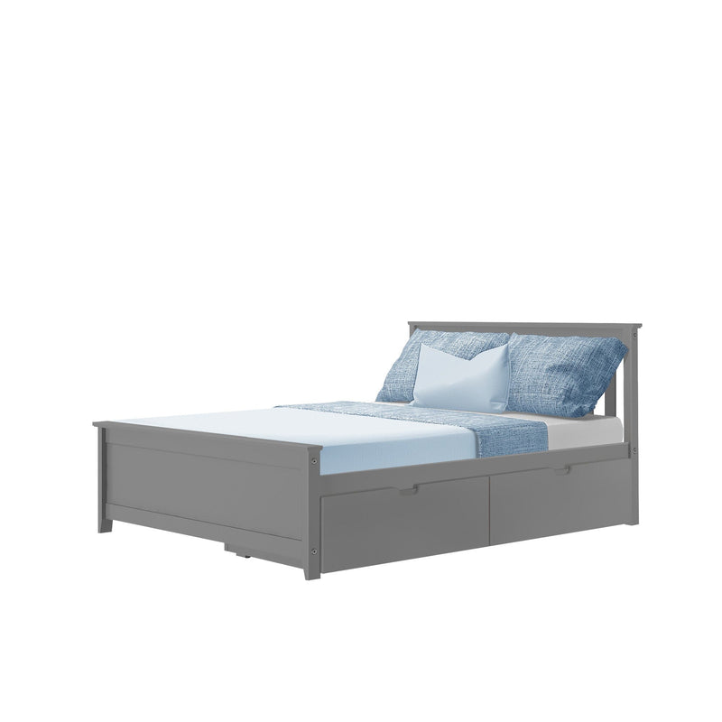 Gray wooden bed frame with storage drawers and blue bedding set.