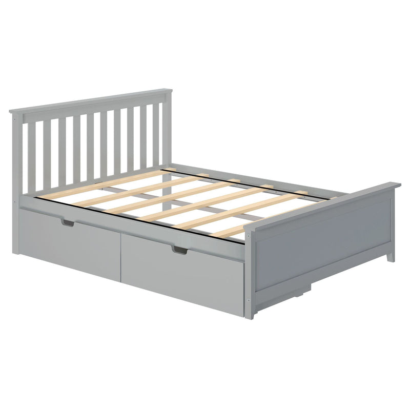 Gray wooden bed frame with storage drawers, featuring a slatted headboard, ideal for modern bedroom decor.