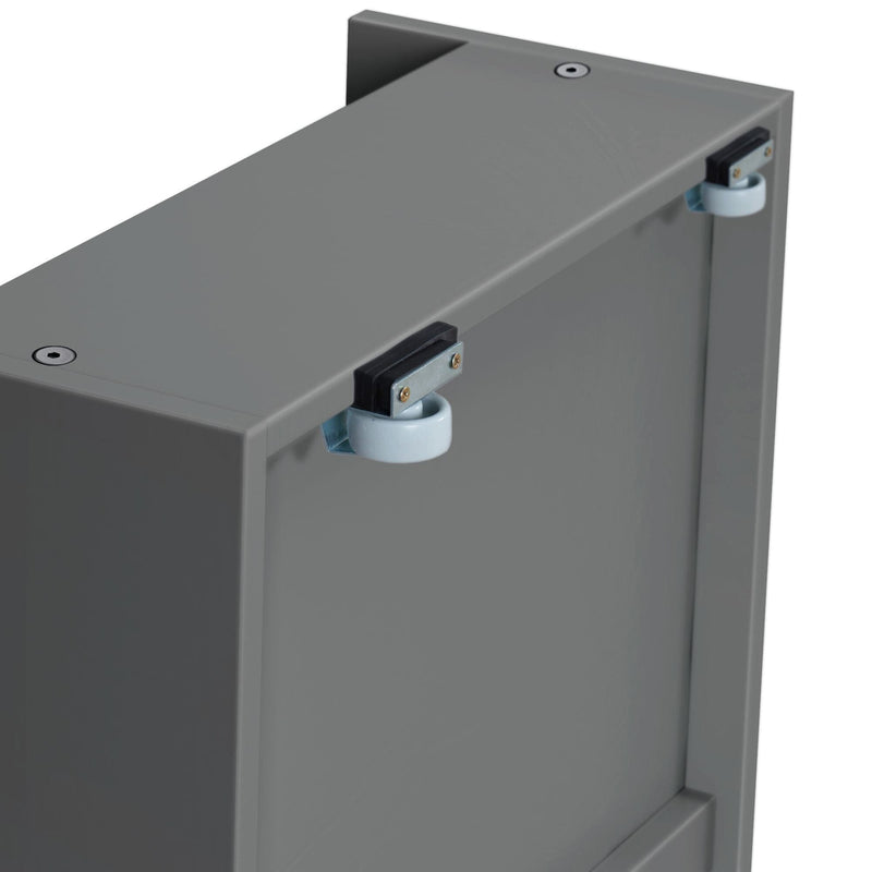 Close-up of industrial grey cabinet hinges and locking mechanism on a durable metal structure.