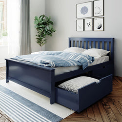 Stylish navy blue bed with storage drawer and patterned bedding in modern bedroom.