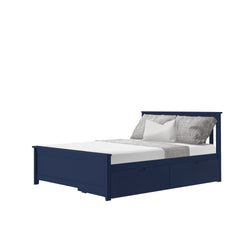 Blue wooden storage bed with white and gray bedding on white background.